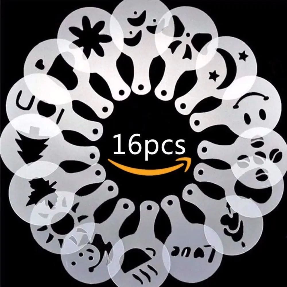 Set Of 16 Coffee Art Stencils, Fancy Latte Printing Mold, Cake Decoration Cake Plastic Mold, Kitchenware Coffee Spray Template, Coffee Writing Stencil, Barista Coffee Stencils Set Of 16 Coffee Art Stencils, Fancy Latte Printing Mold, Cake Decoration Cake Plastic Mold, Kitchenware Coffee Spray Template, Coffee Writing Stencil, Barista Coffee Stencils